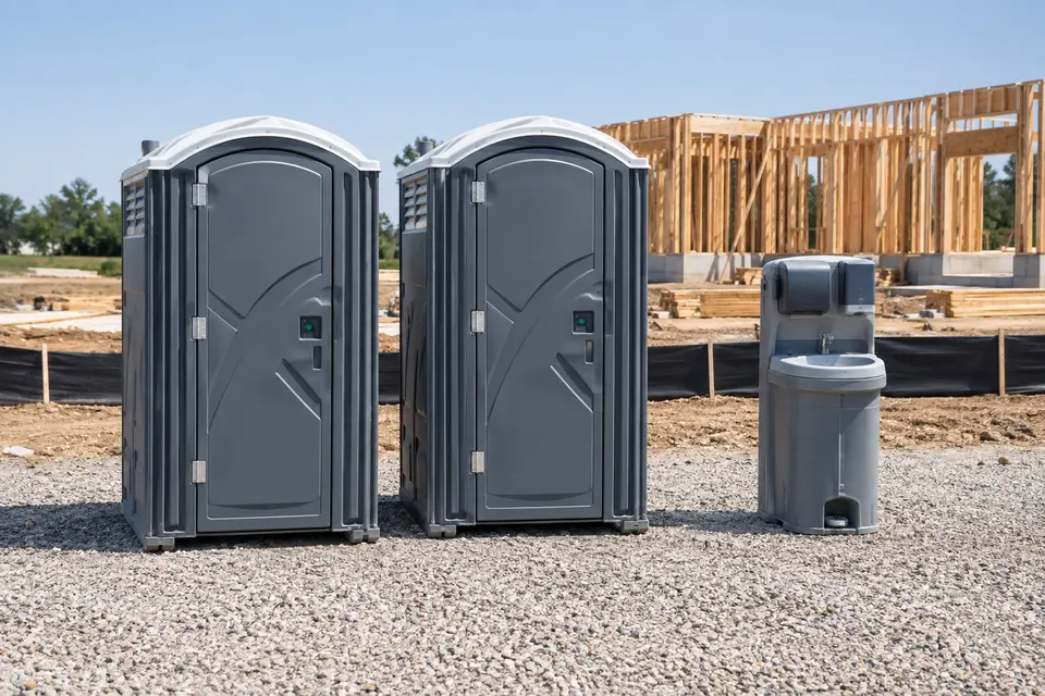 Portable sanitation equipment positioned beside a construction project